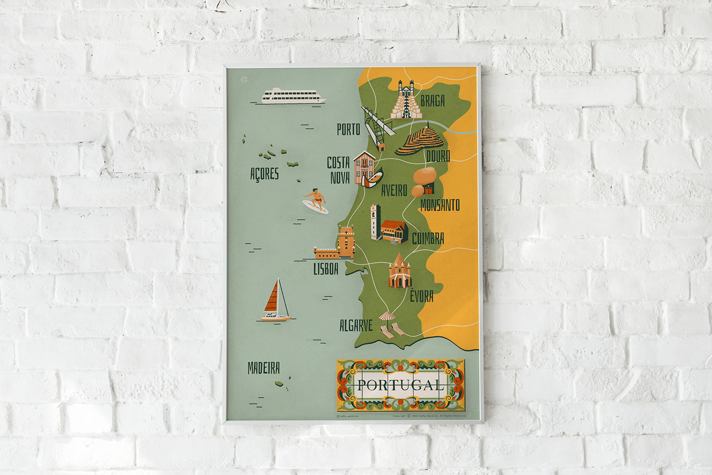 Poster map with illustrated sights of Portugal