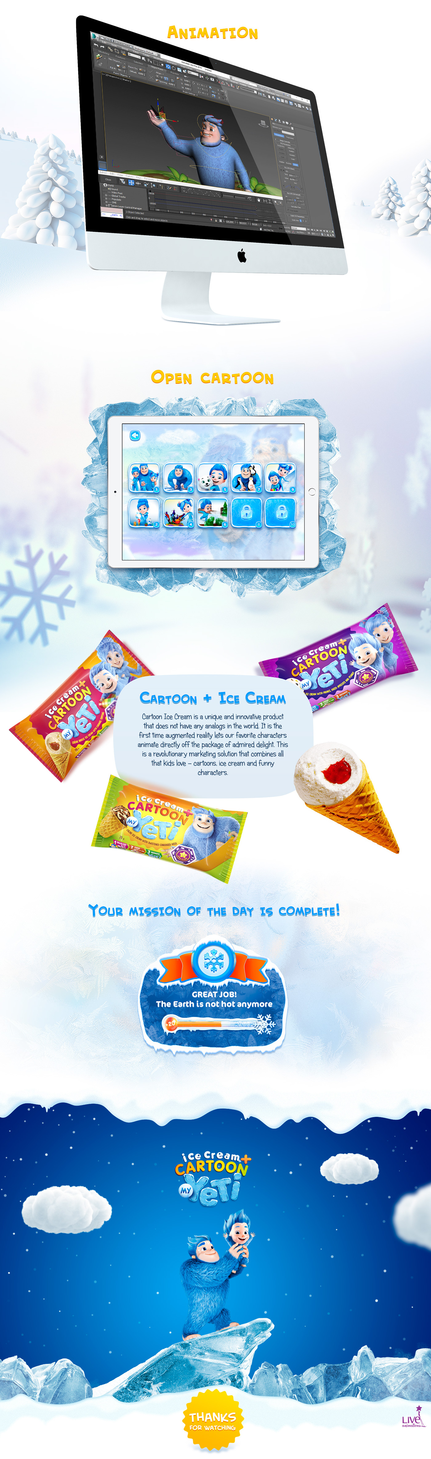 augmented reality AR ice cream yeti application Mixed Reality kids app snow people Live animations marketing campaign