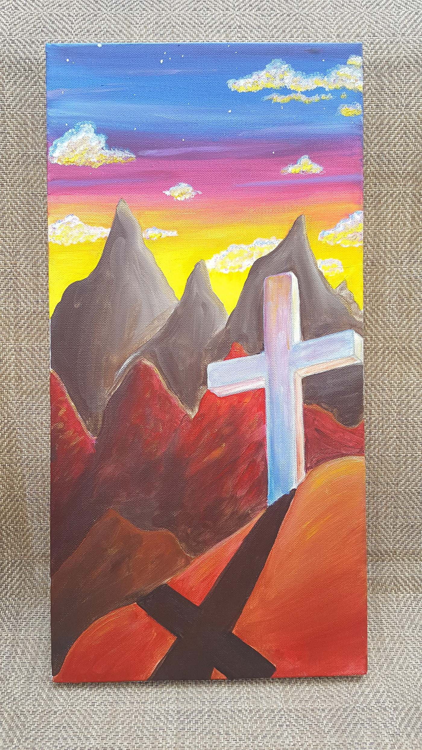 Acrylic paint painting   acrylic nevada mountains cross religious