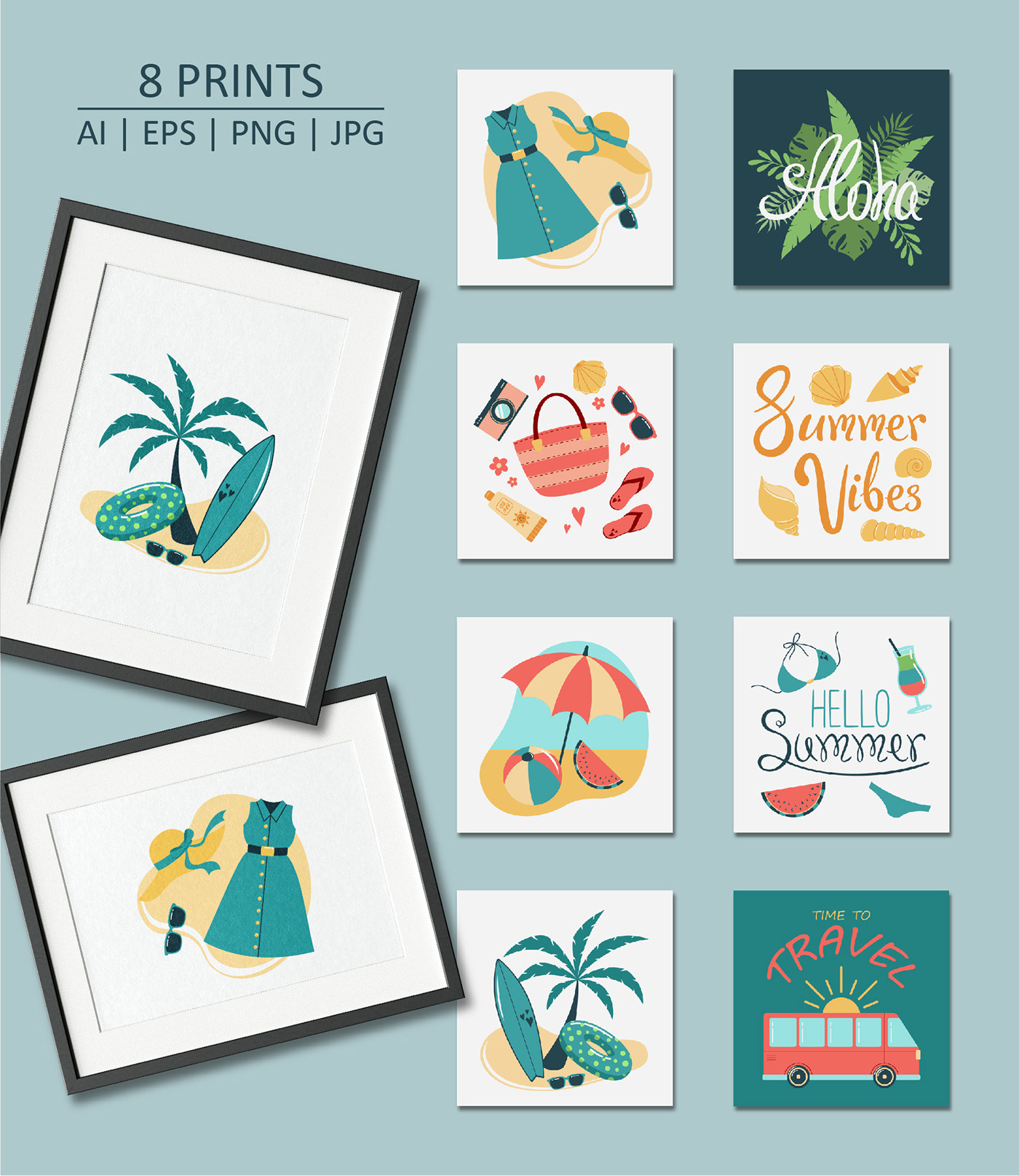 summer vacation vector flat Collection clip art Tropical seamless pattern сет