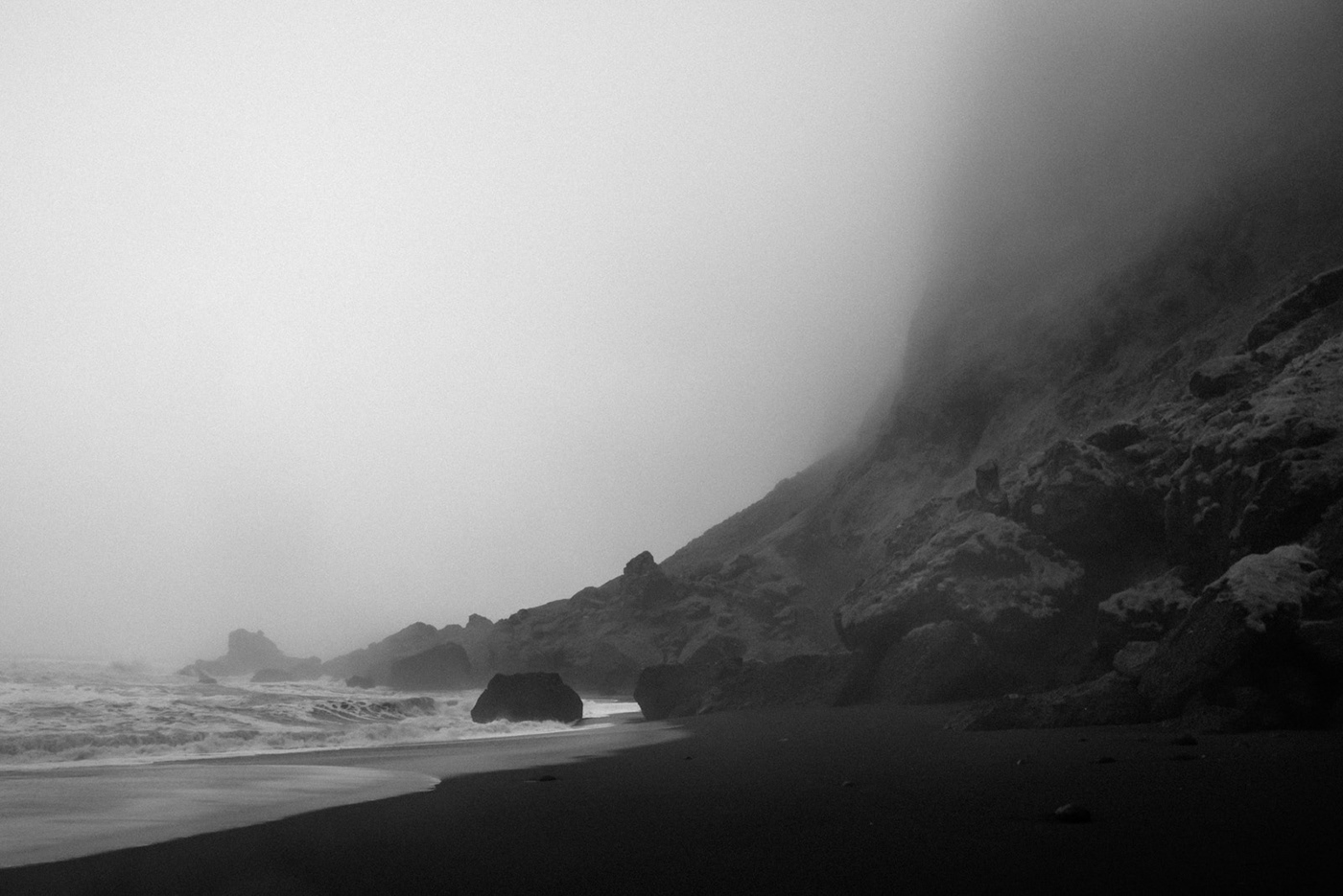 iceland waves black and white Moody fog Landscape Photography  Ocean beach dark