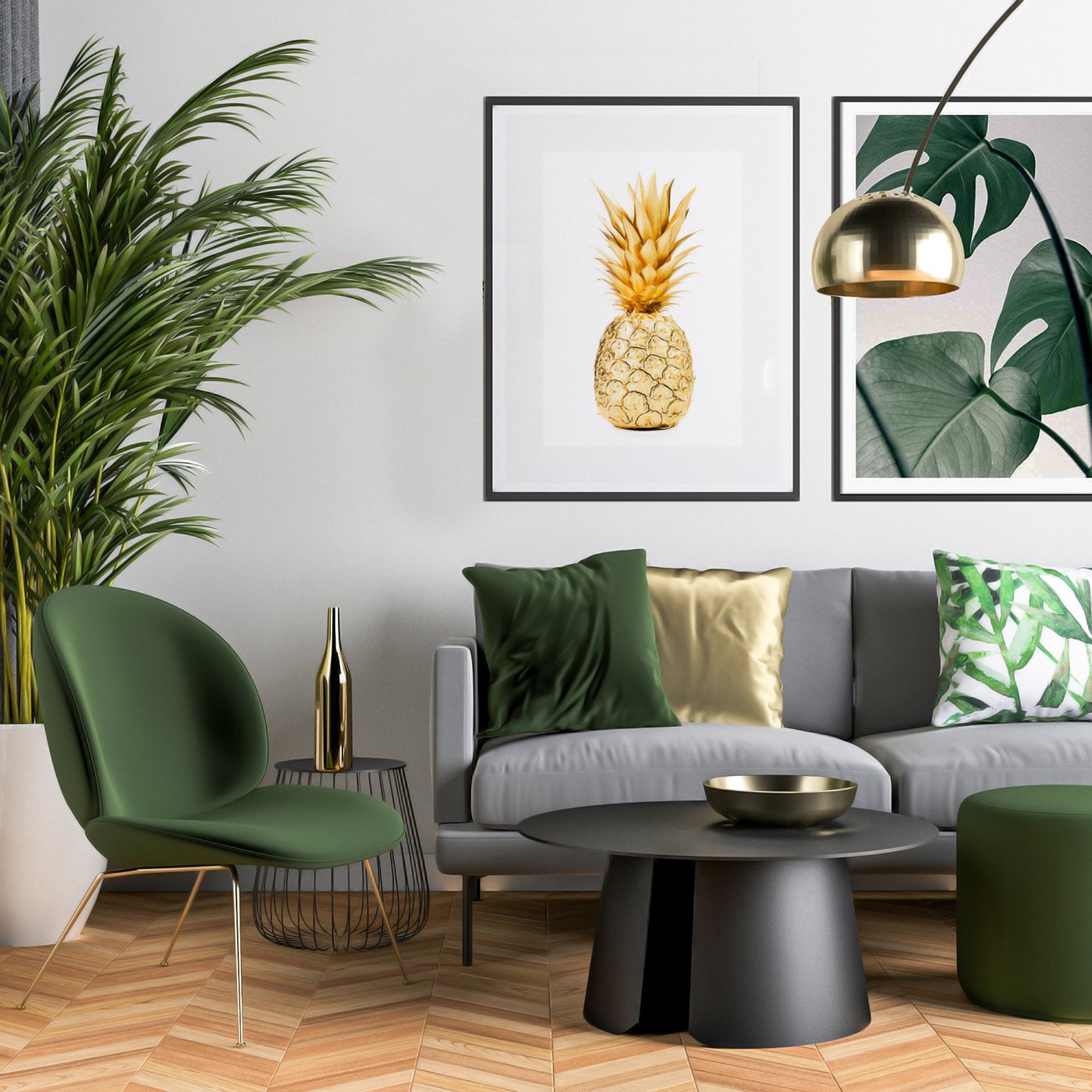 Interior green brass Tropical modern pink ROSEGOLD design visualization Render