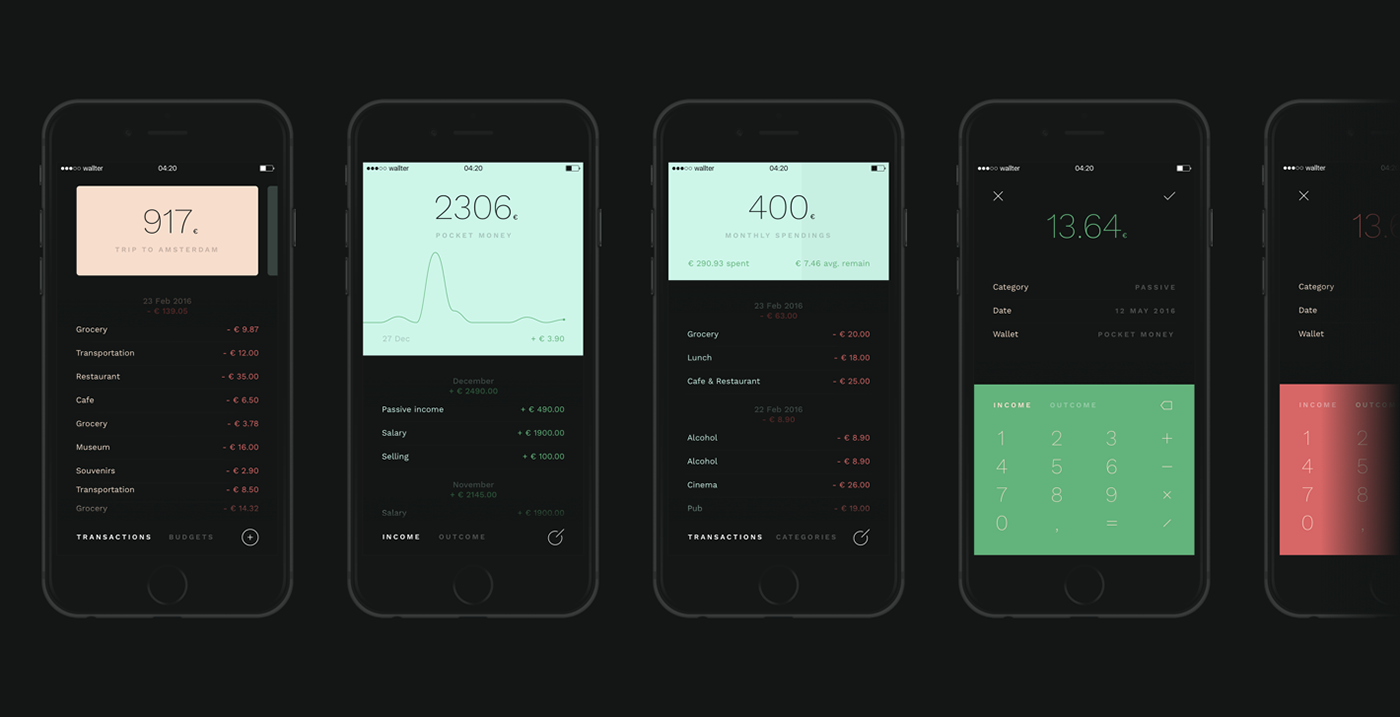 mobile finance ios iphone money Budget track expense dark ui grotesque pastel Work  balance wallter ASSISTANT