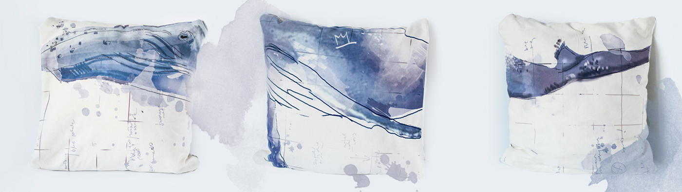 Whale illustrated pillow poduszka blue textile print sublimation pattern animal fauna bedding hand made sketch art