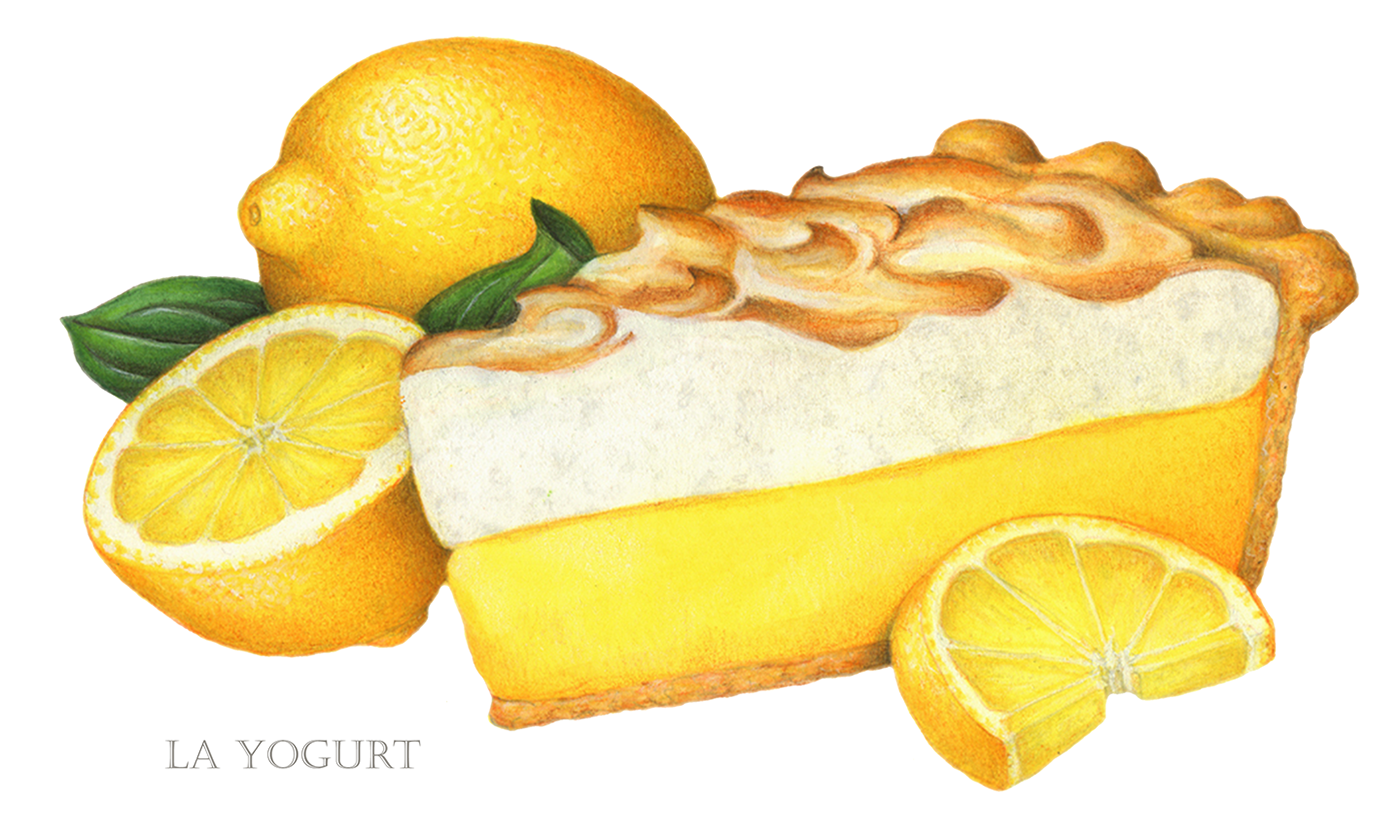 Food illustration of a slice of lemon meringue pie used on packaging.