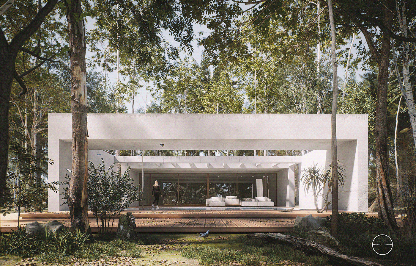 White minimalist house in the middle of the woods