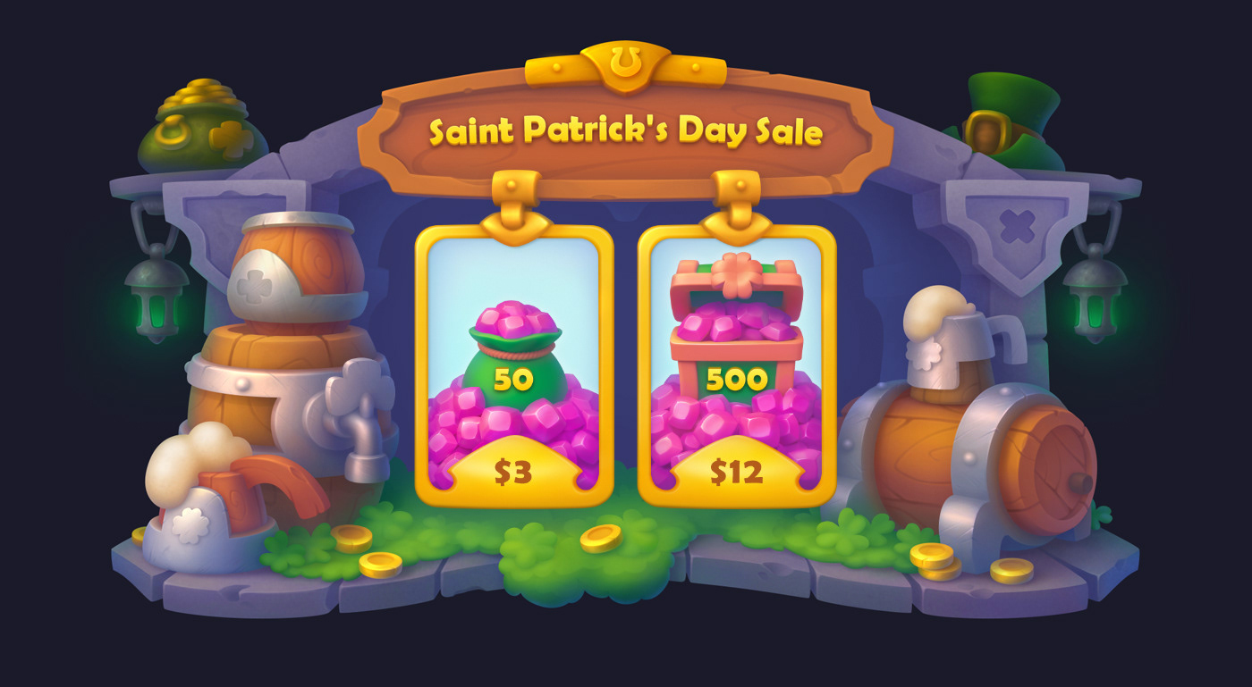 2D 3D beer casual game concept art Game Art mobile game st patrick's day UI ui art