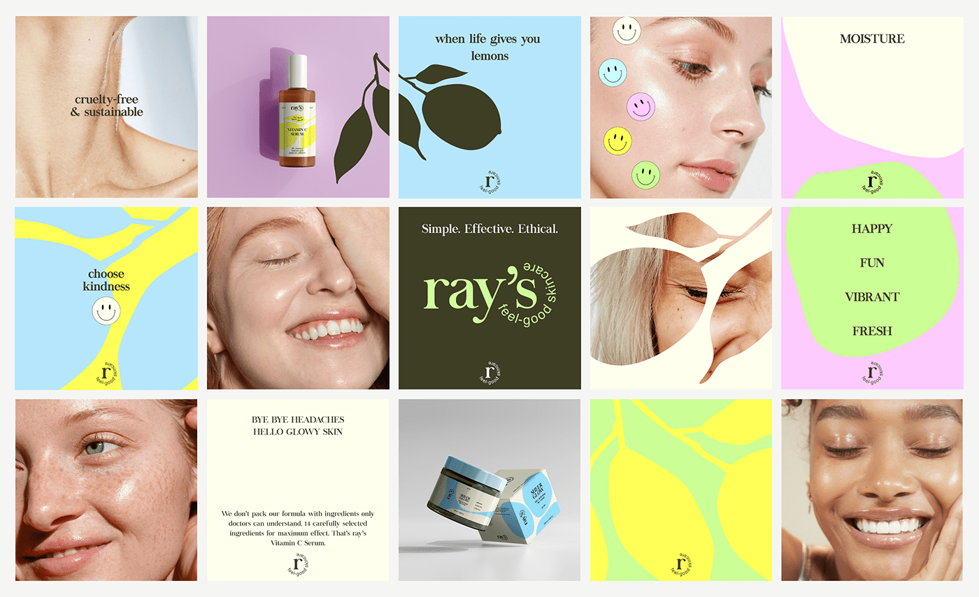 Demonstration of a possible social media feed. Social media templates for skincare brand.