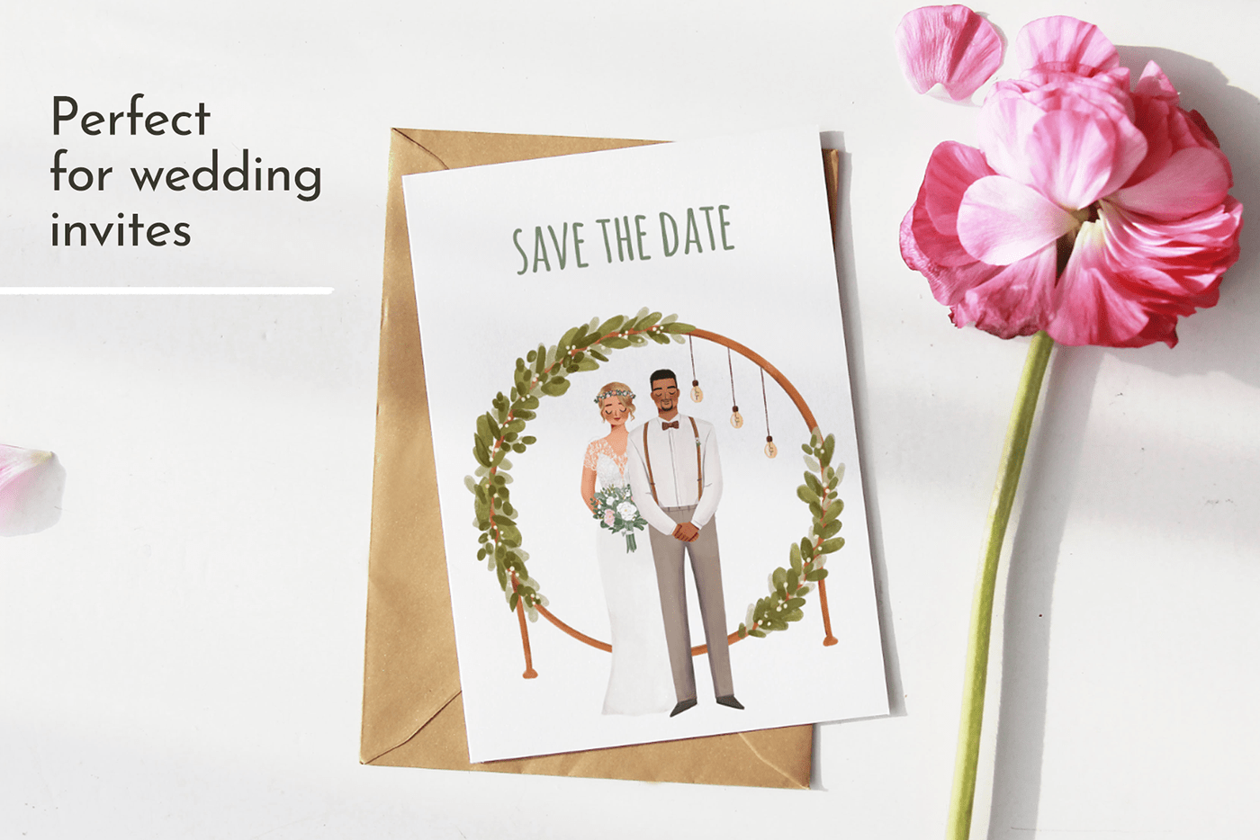 bohemian botanical illustration bride ceremony couple digital illustration groom rustic wedding invitation watercolor illustration