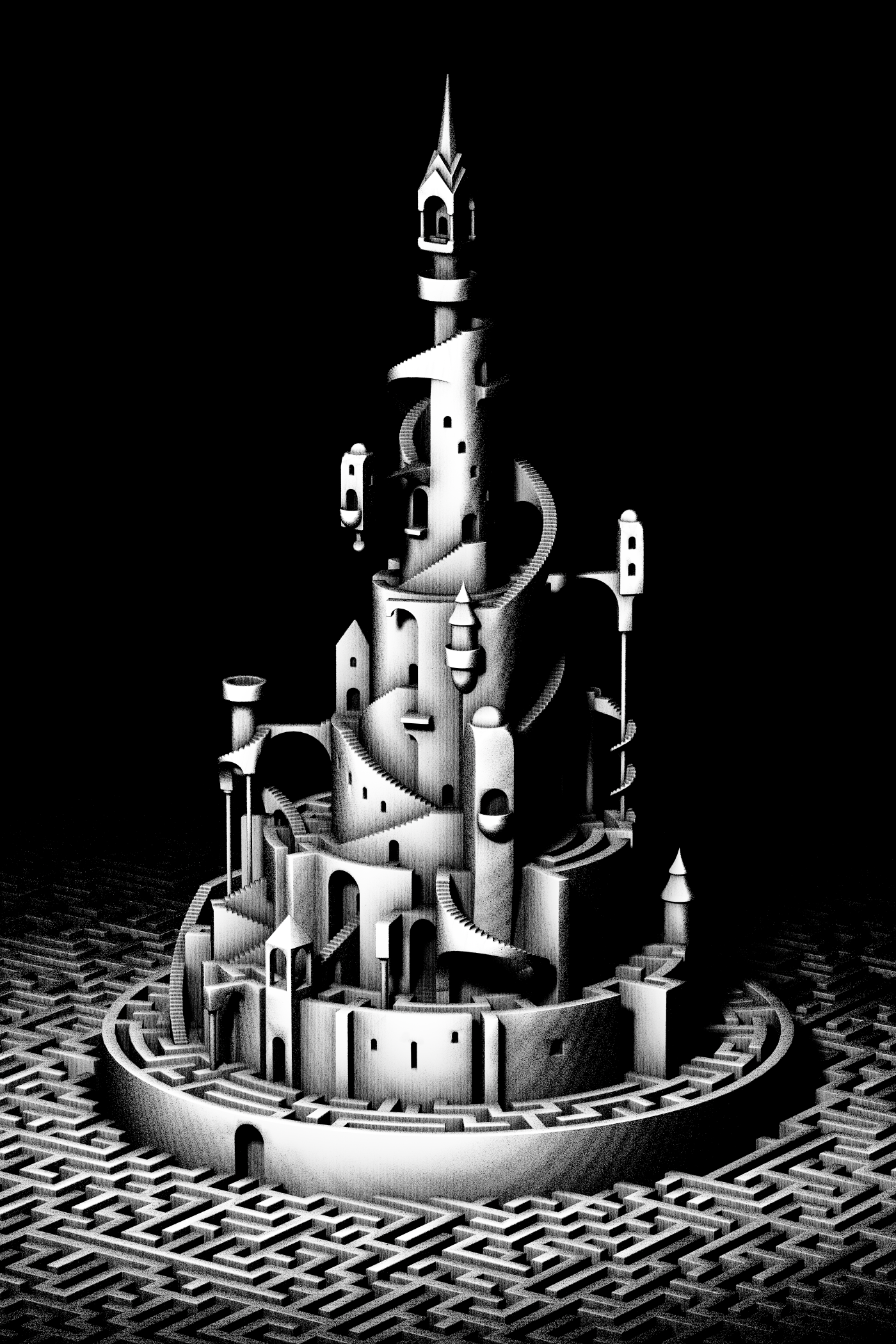 maze stairs Castle escher black and white stronghold tower Isometric 3D geometric