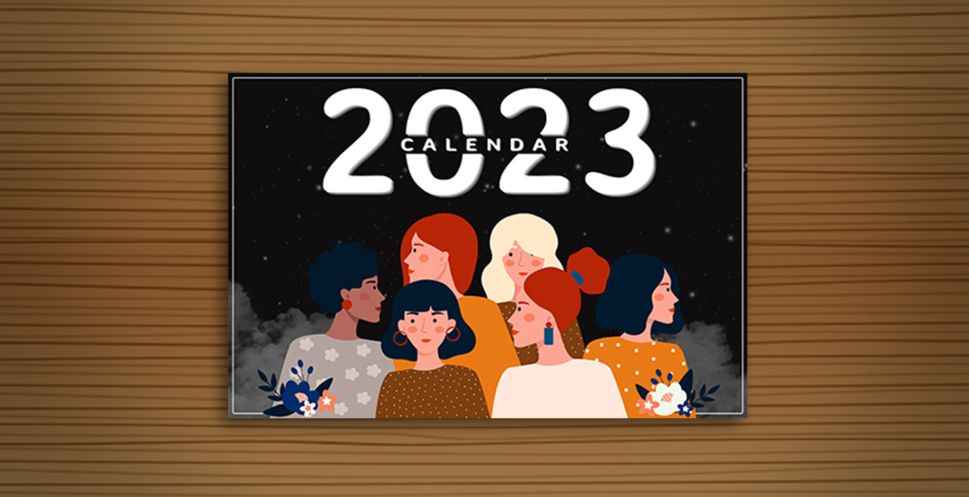 2023 calendar calendar design Calendar mockup illustrations orange and black table calendar women empowerment women illustration