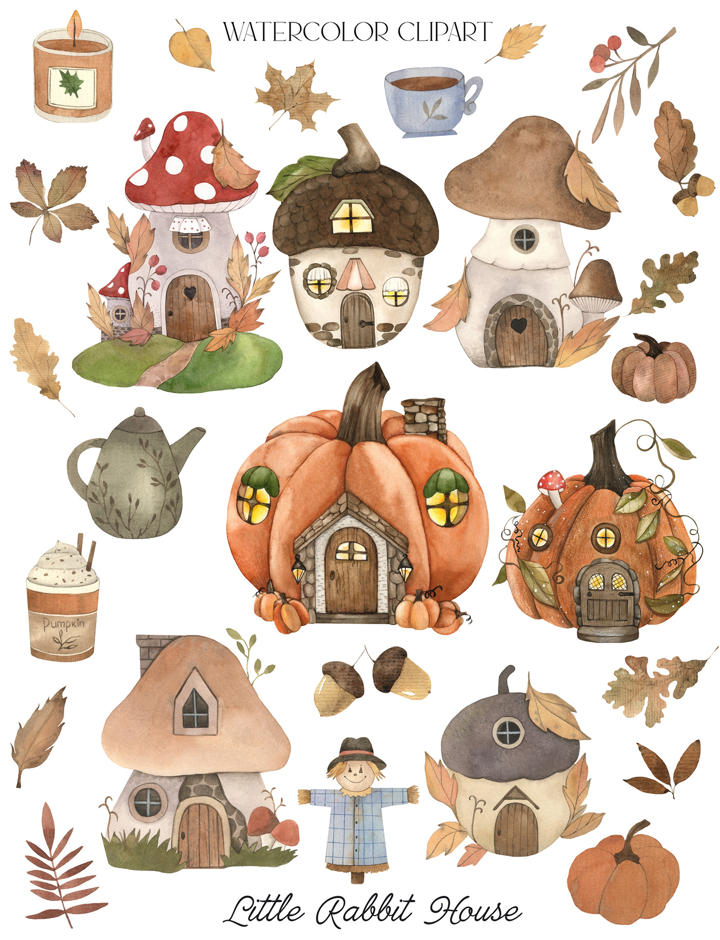 autumn house autunm fairytale house Fall Halloween leaves mushroom house png pumpkin Watercolor clipart