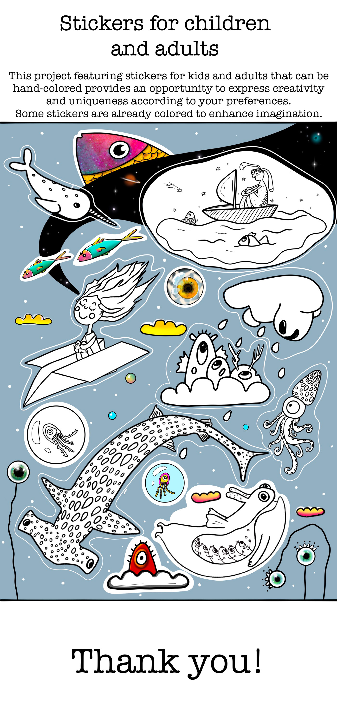 stickers colored Space  fish art ILLUSTRATION 