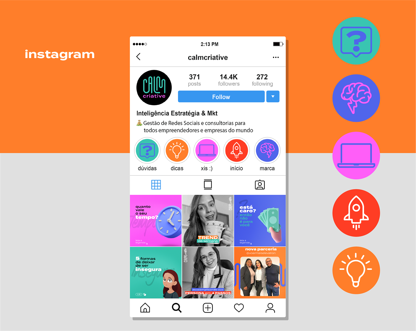 Feed do Instagram, com avatar, destaques e padrão de postagens.