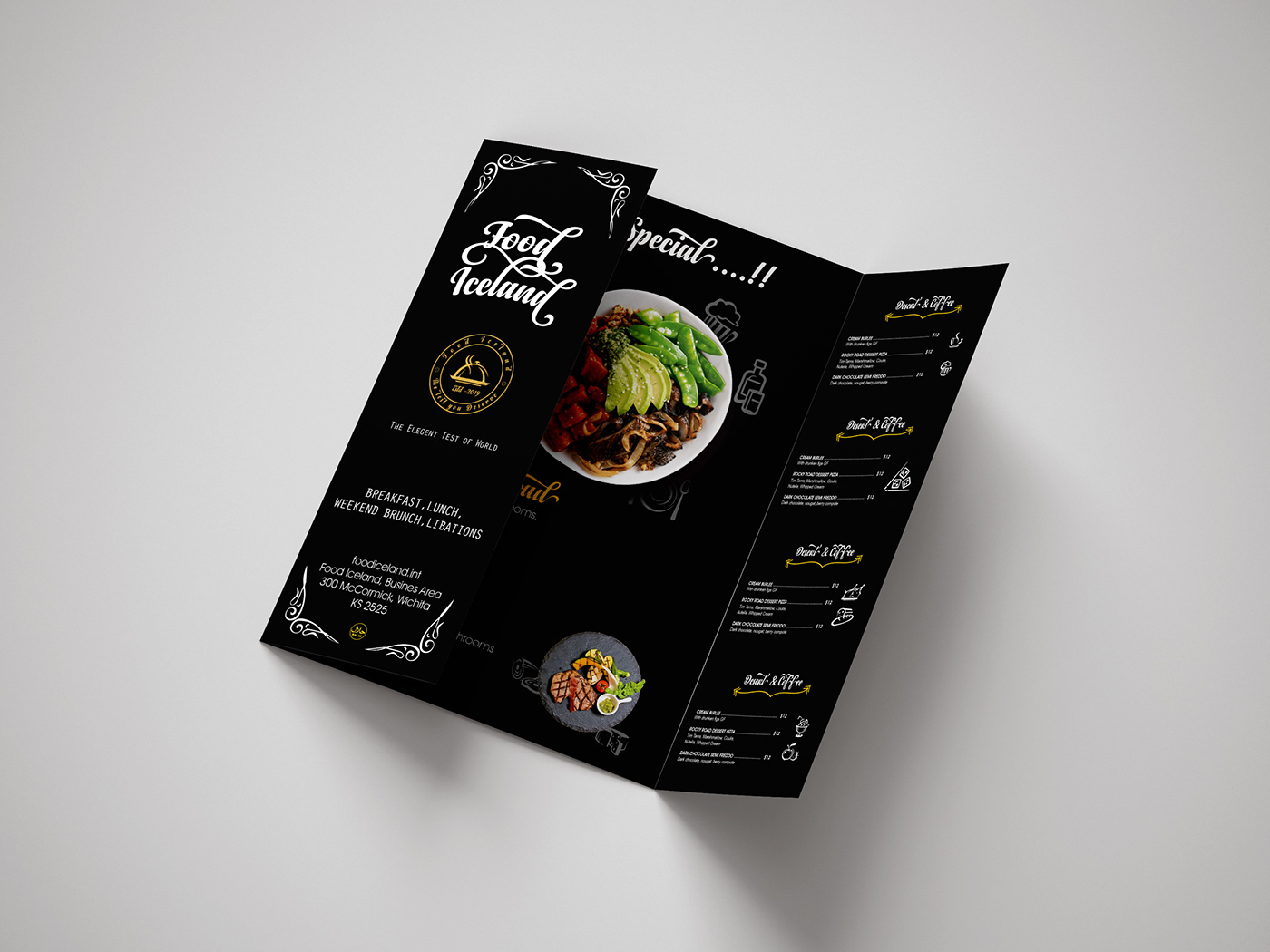 Menu Card printing design restaurant brochure leaflet Mockup free download Food  iceland Invitation Card