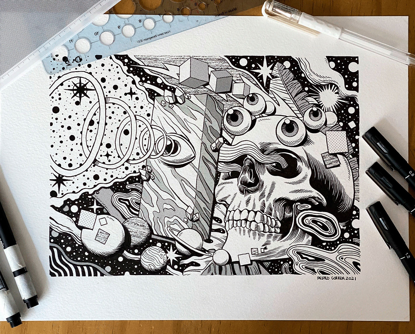 Cat Drawing  ink monolith Planets psychedelic skull Space  tiger wild