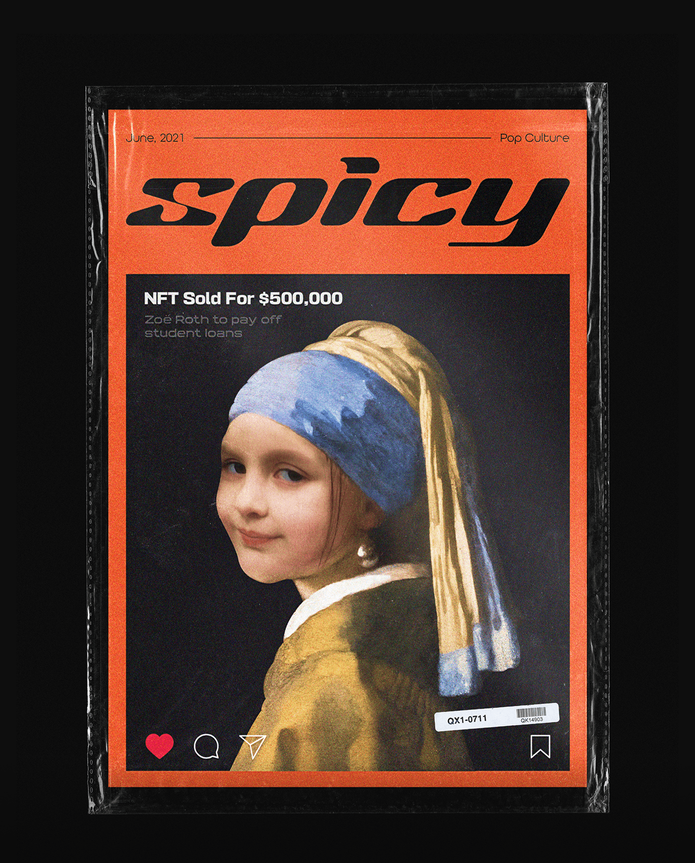 Humorous photoshopped poster, a mixture of famous meme disaster girl and girl with a pearl earring.