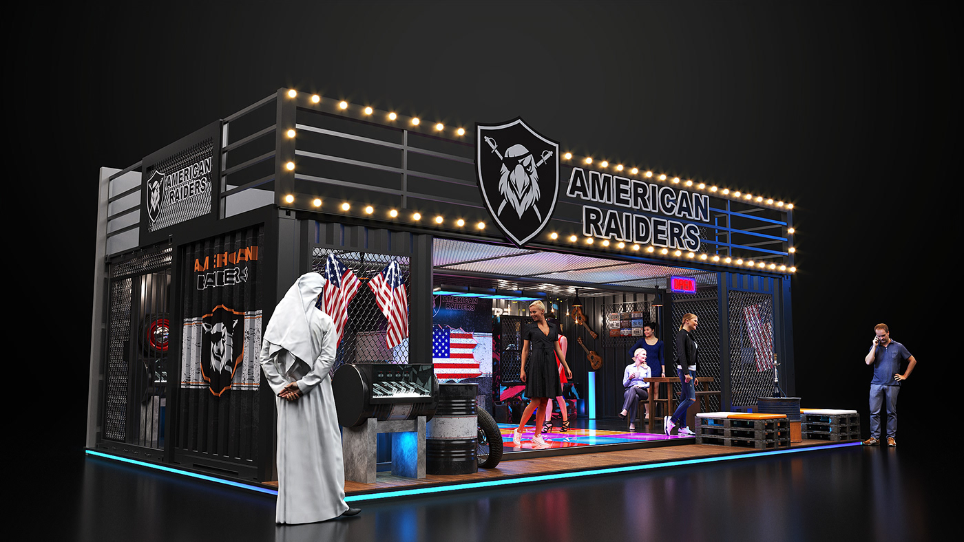 3d modeling booth design container Container design Exhibition  Exhibition Design  exhibition stand modern exhibition stand raiders corona render 