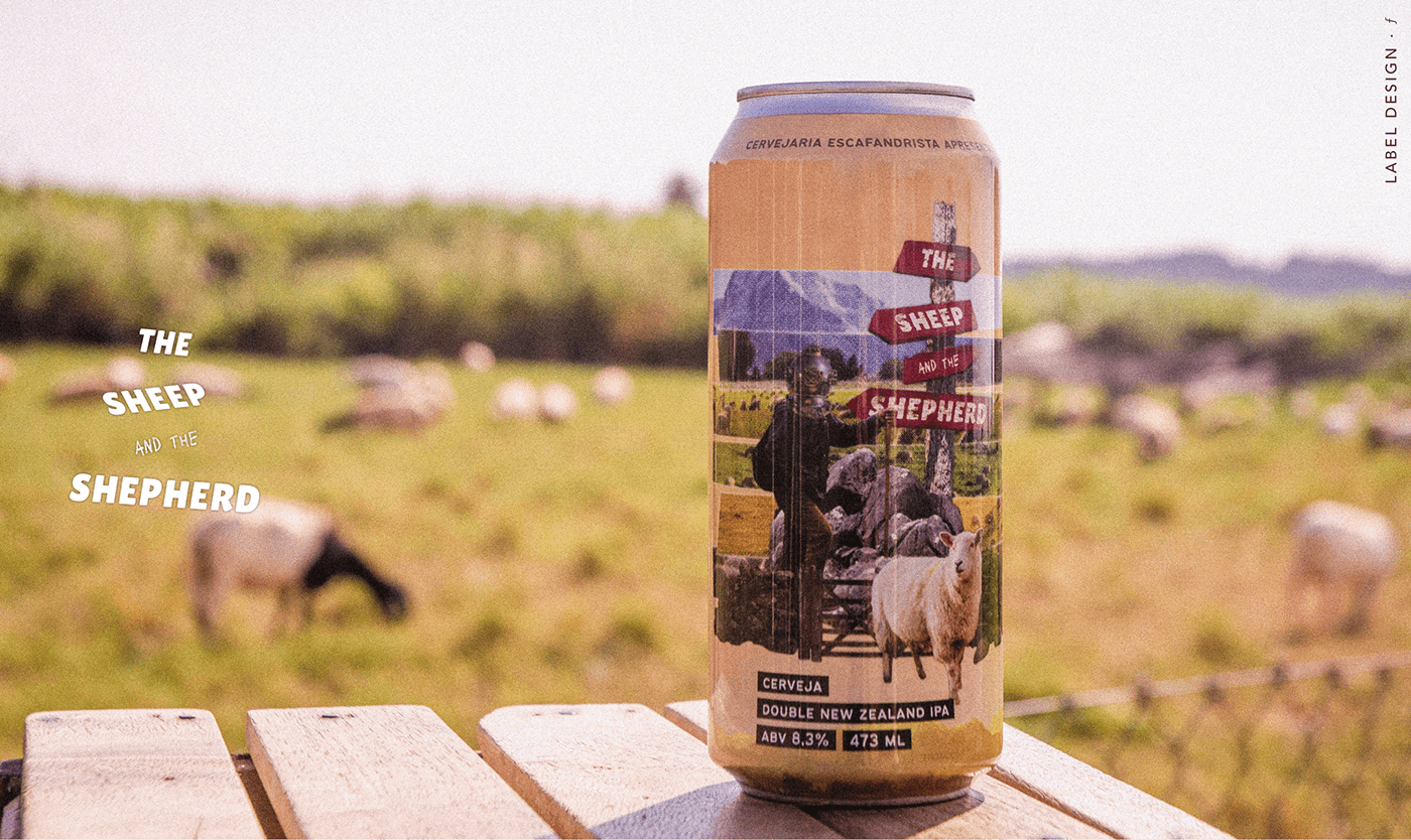 Photography of a beer can with sheep in the background
