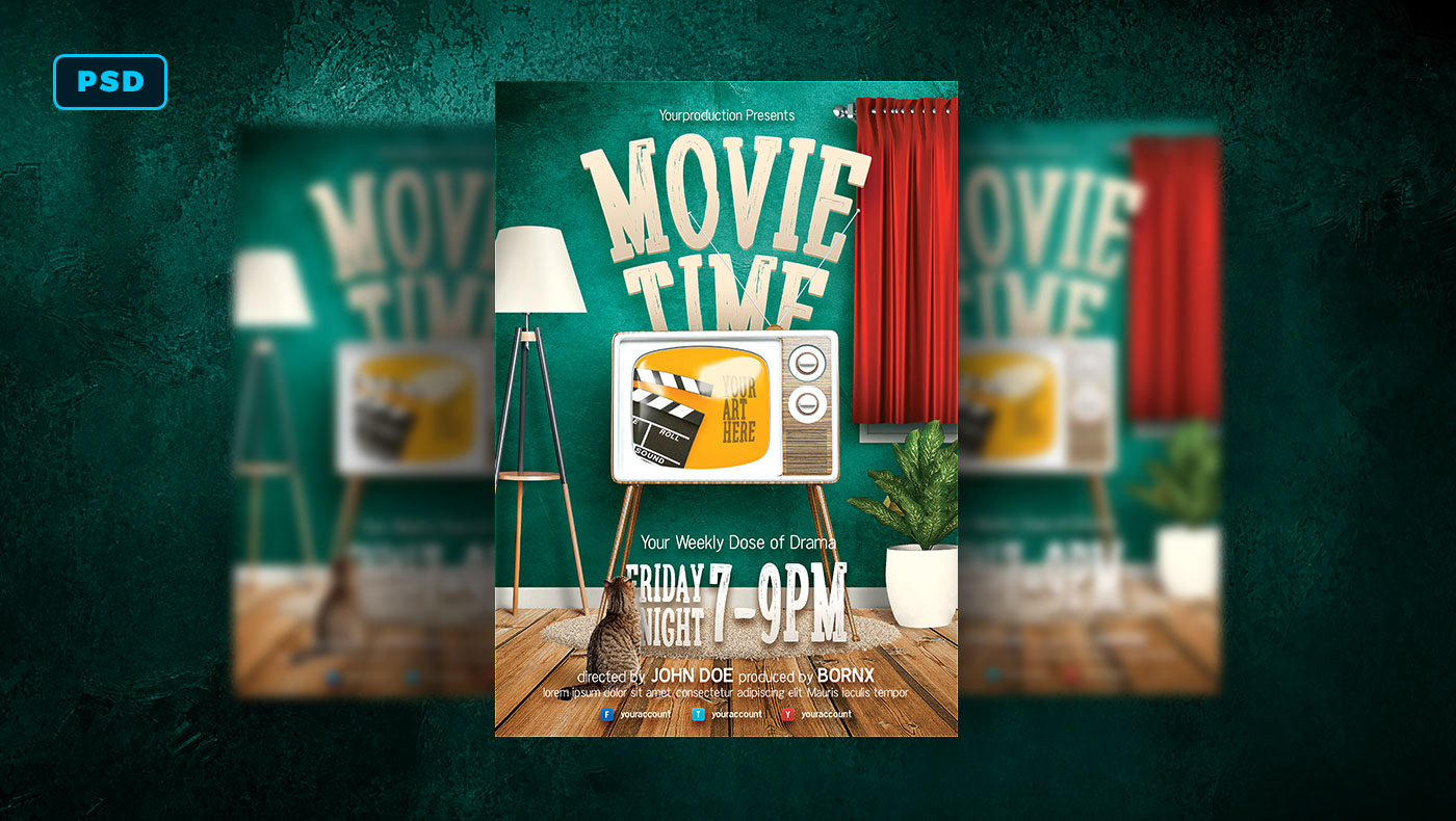 creative market flyer template photoshop poster template movie tv show Cinema retro tv movie time psd