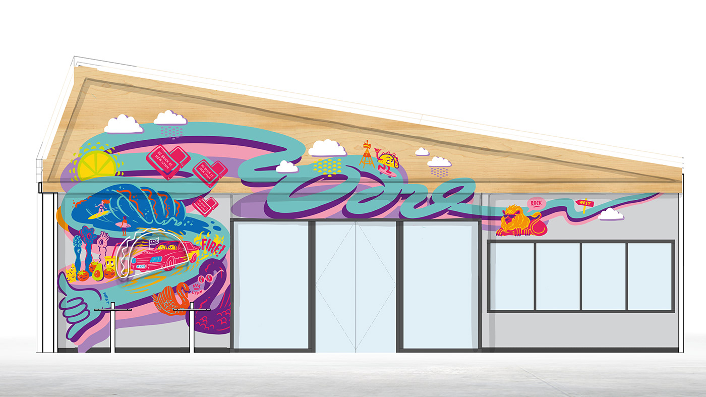 art direction  painted mural ILLUSTRATION  Taco Bell interior design  wayfinding Signage Hand Painted logo branding 