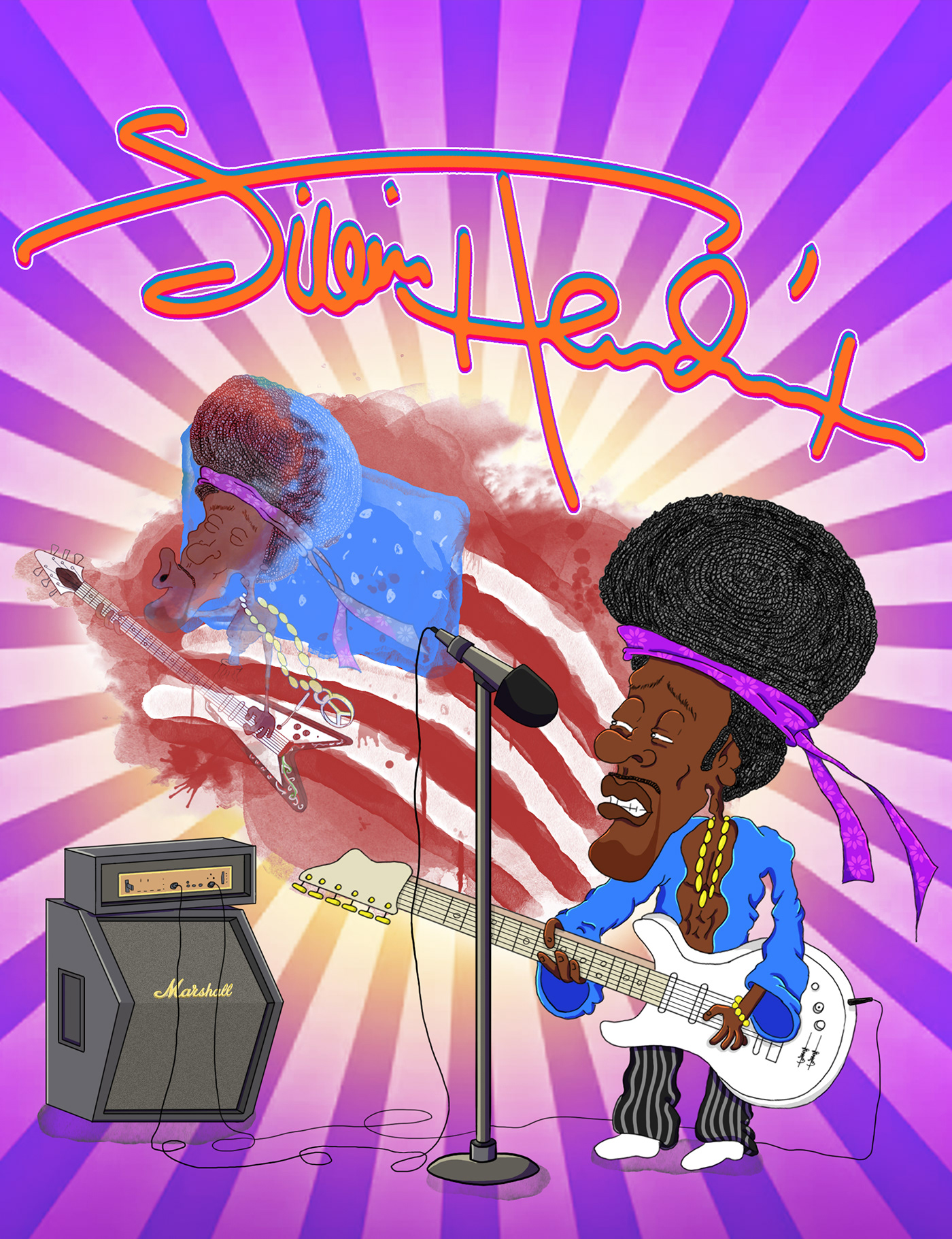cartoon ILLUSTRATION  Jimi Hendrix rock music poster Character design  2D art Drawing  digital illustration