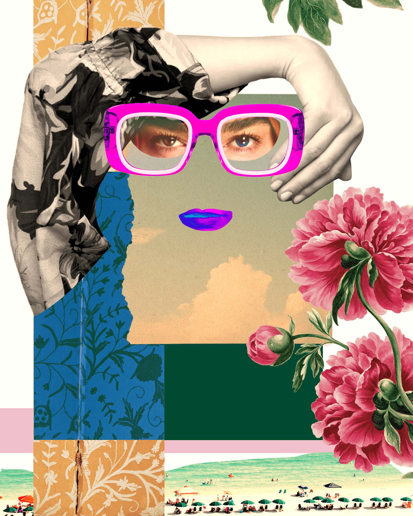 Fashion collage featuring a face, sunglasses and plants.