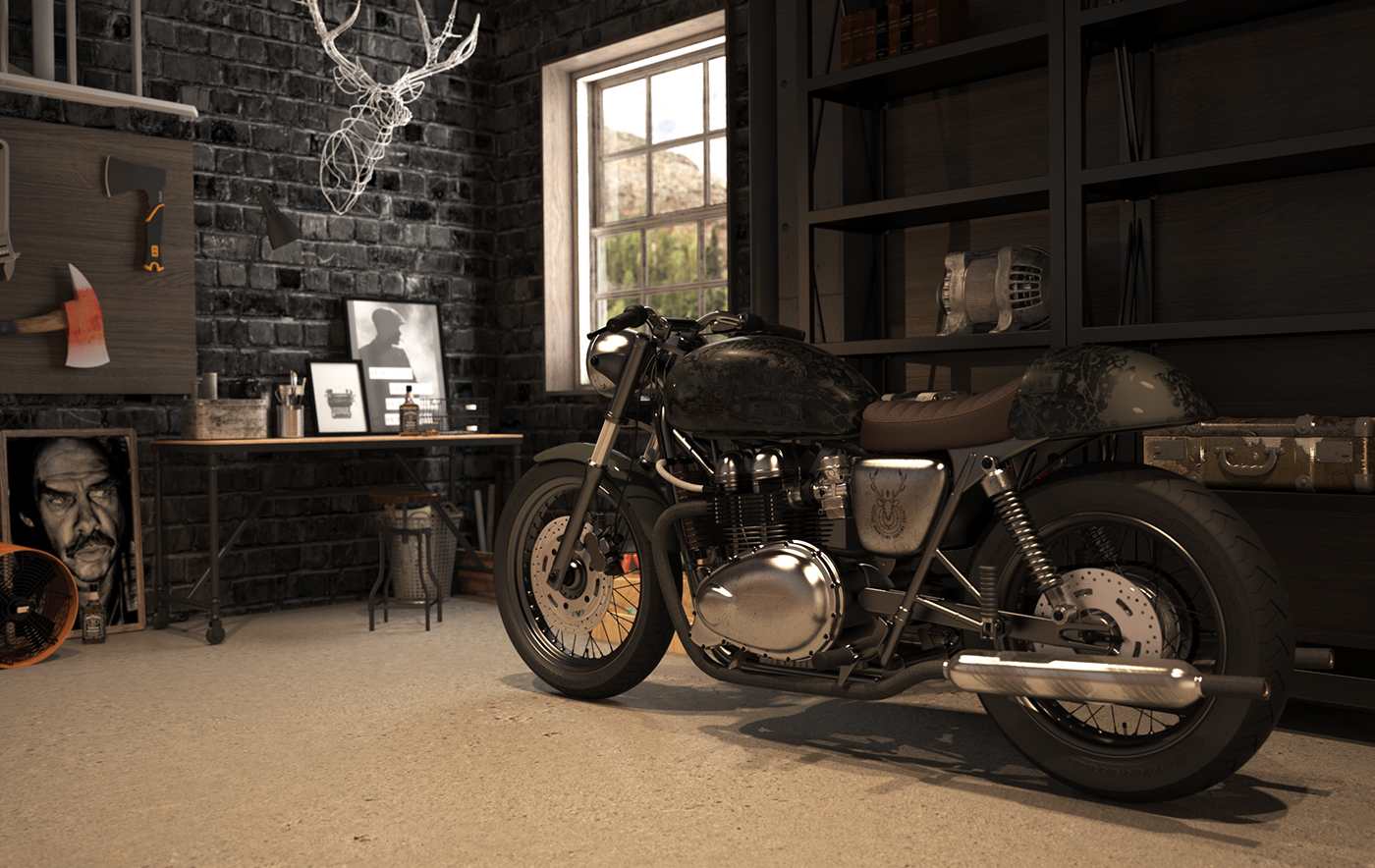 cafe racer vintage Retro nick cave motorcycle Workshop Custom vray 3dsmax garage