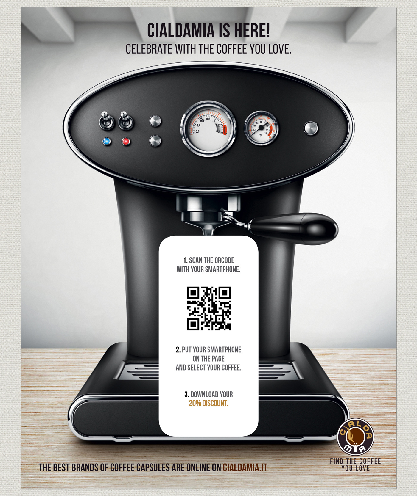 Coffee Promotion cups print mobile caffe sconto pubblicita digital Fun cool Cannes Cialdamia e-commerce discount