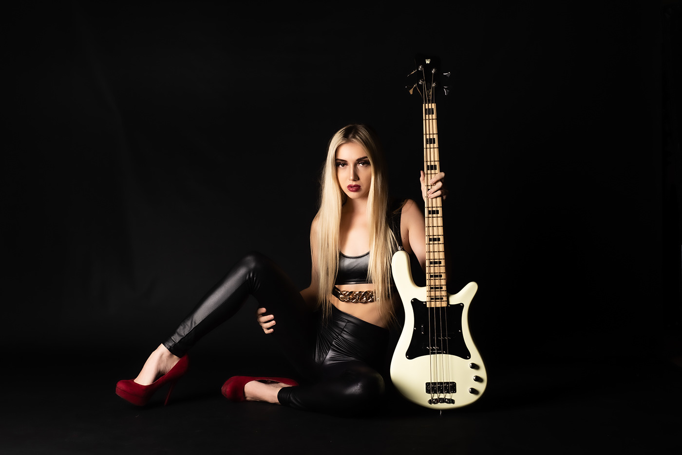 blonde fishnet guitar heels leather studio