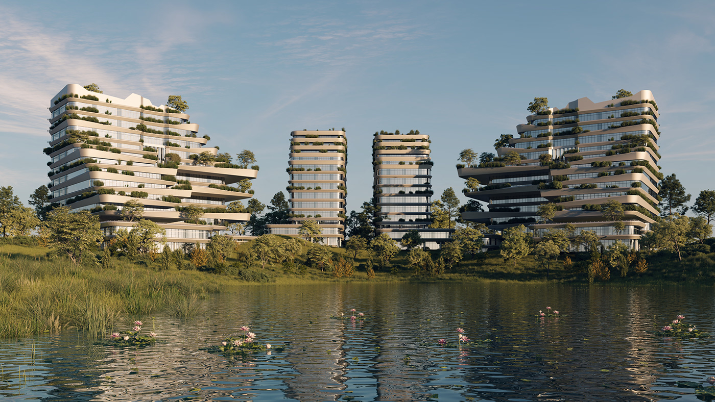 visualization architecture archviz exterior Render 3ds max lake sea towers forest