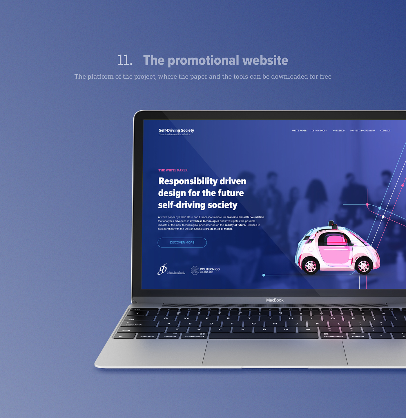 Macbook pro displaying the website design for the Self-Driving Society white paper