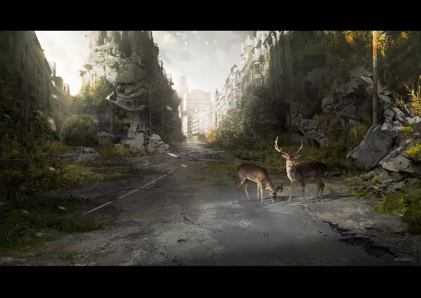 Matte Painting concept art Drawing  ILLUSTRATION  apocalypse animals deer madrid city spain