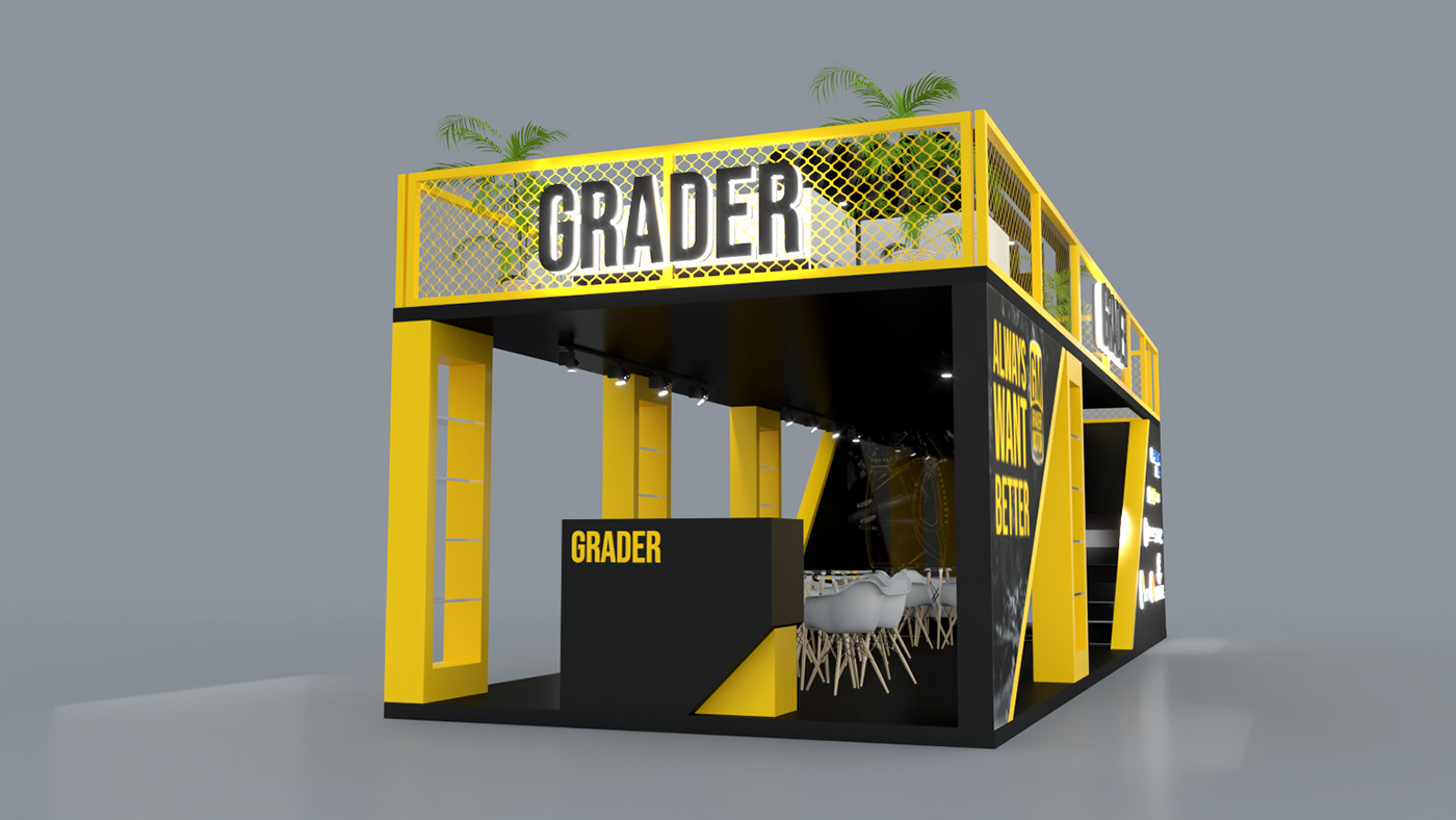 Exibition engine yellowblack yellow stand design expo 3D doubledecker grader oil