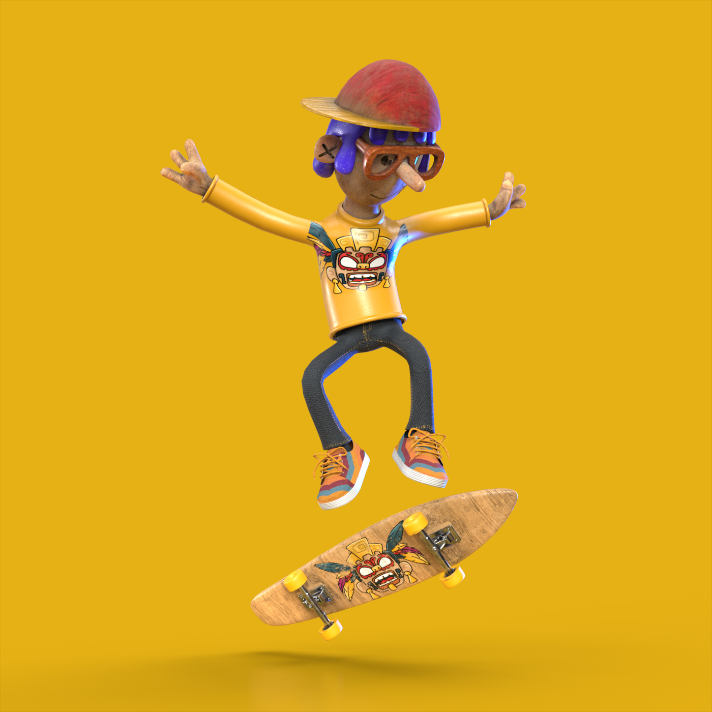 3D Arnold Render boy CGI Character cinema 4d modeling skater textures wood