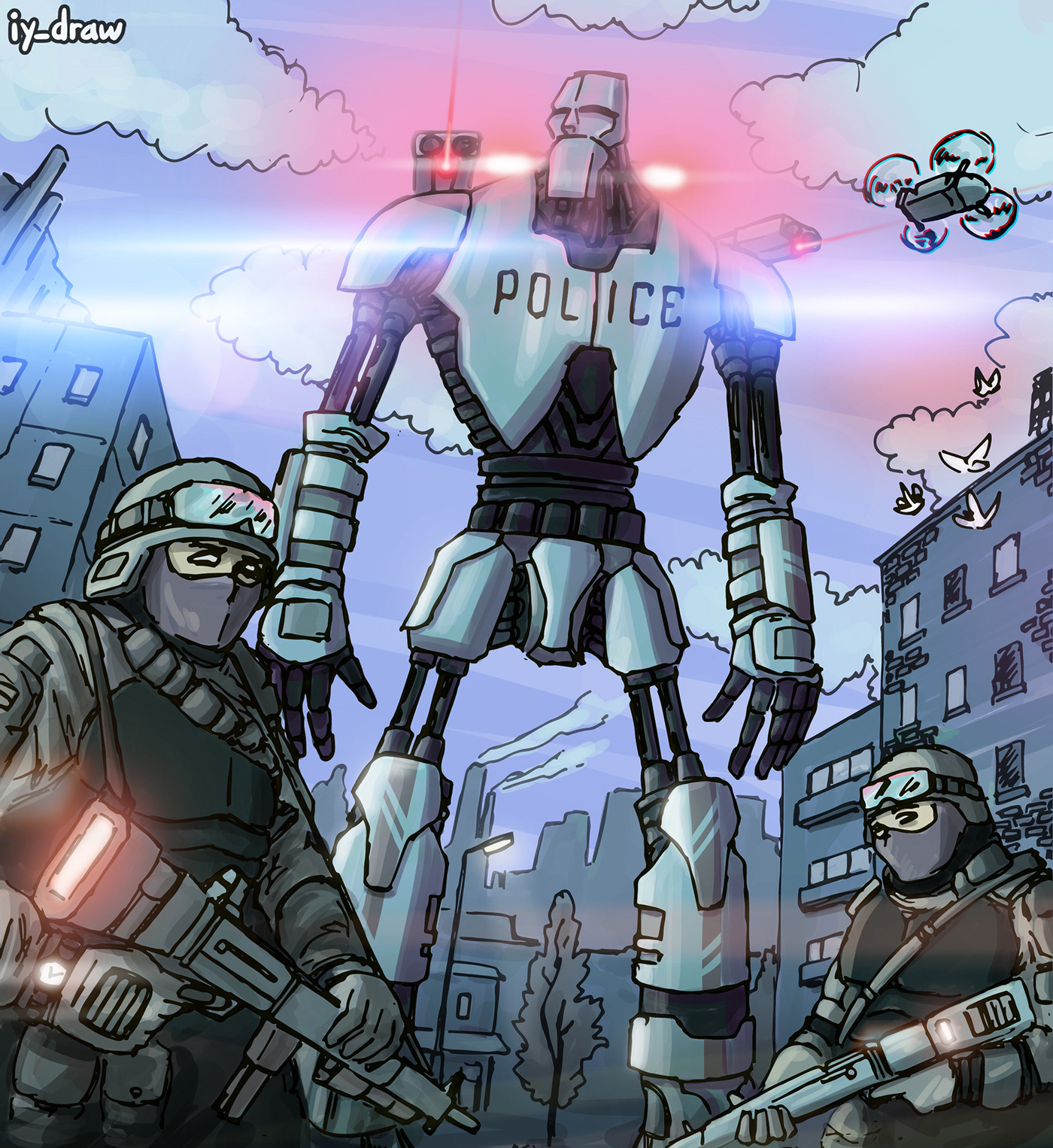 mecha mech police soldier robot drone pigeon anime lens flares lasers