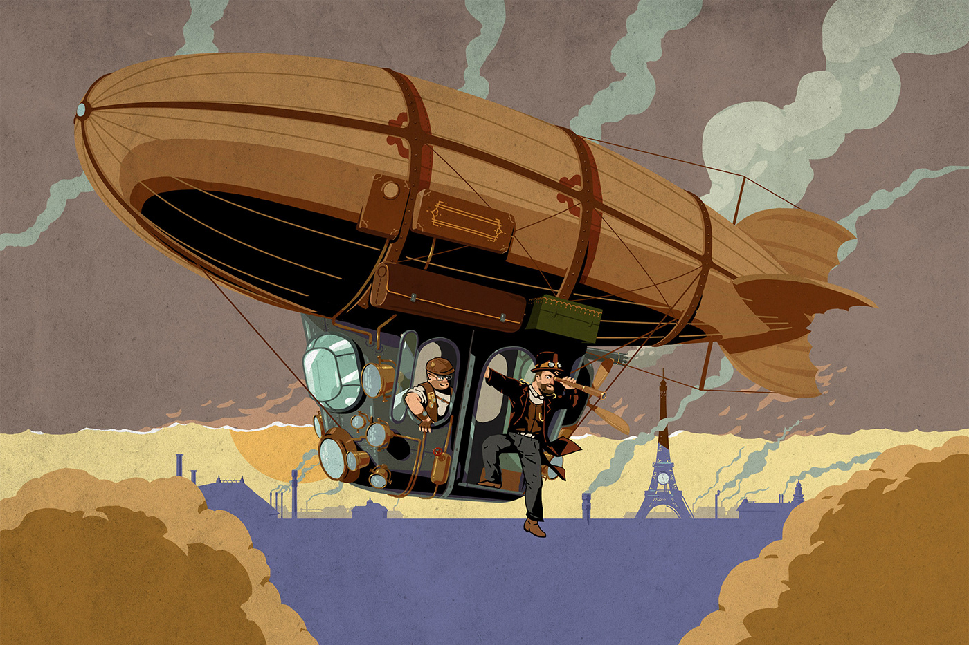 STEAMPUNK airship ILLUSTRATION  Steam france eiffel tower Paris adventurers