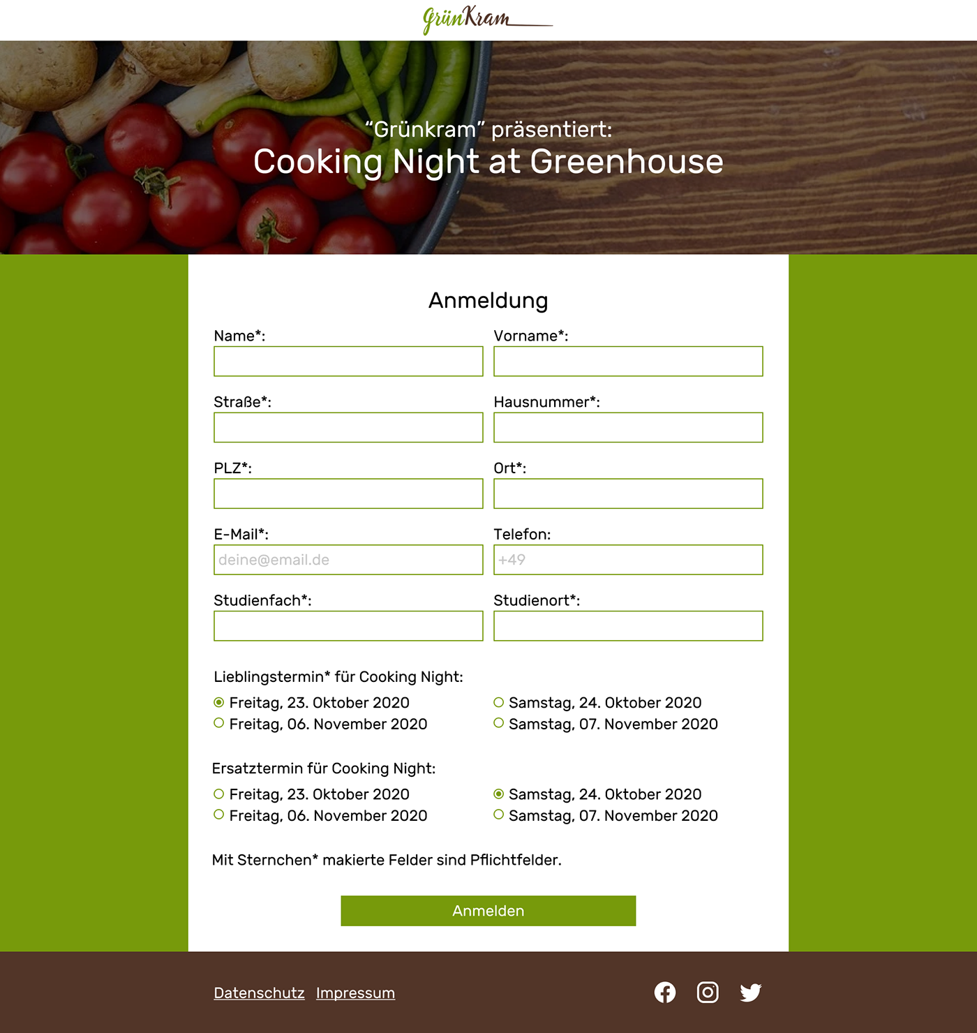 cooking design Form formulär Gestaltung greenhouse Grünkram HTML Webdesign