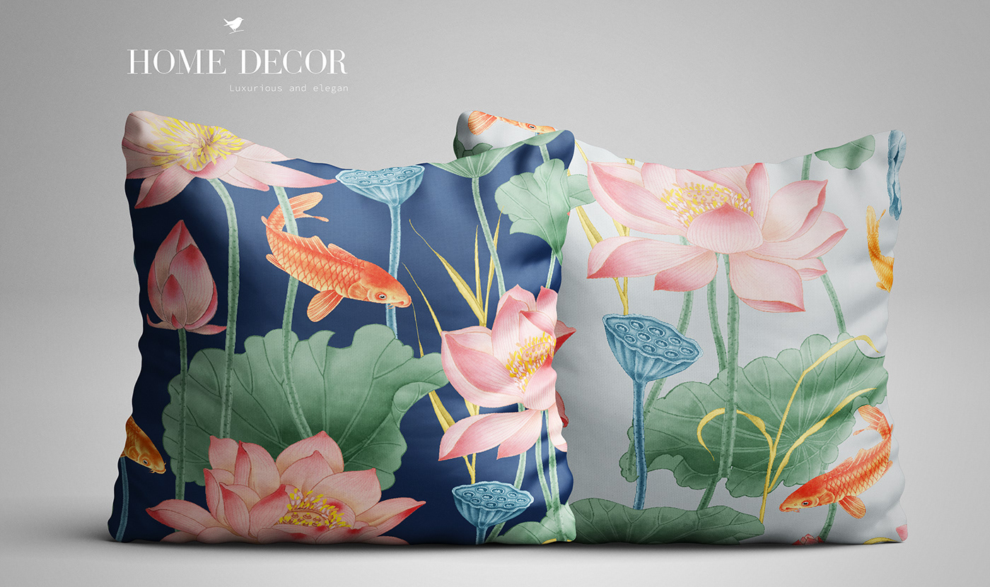 Home textiles. Pillows with a pattern of delicate lotuses and bright koi fish.