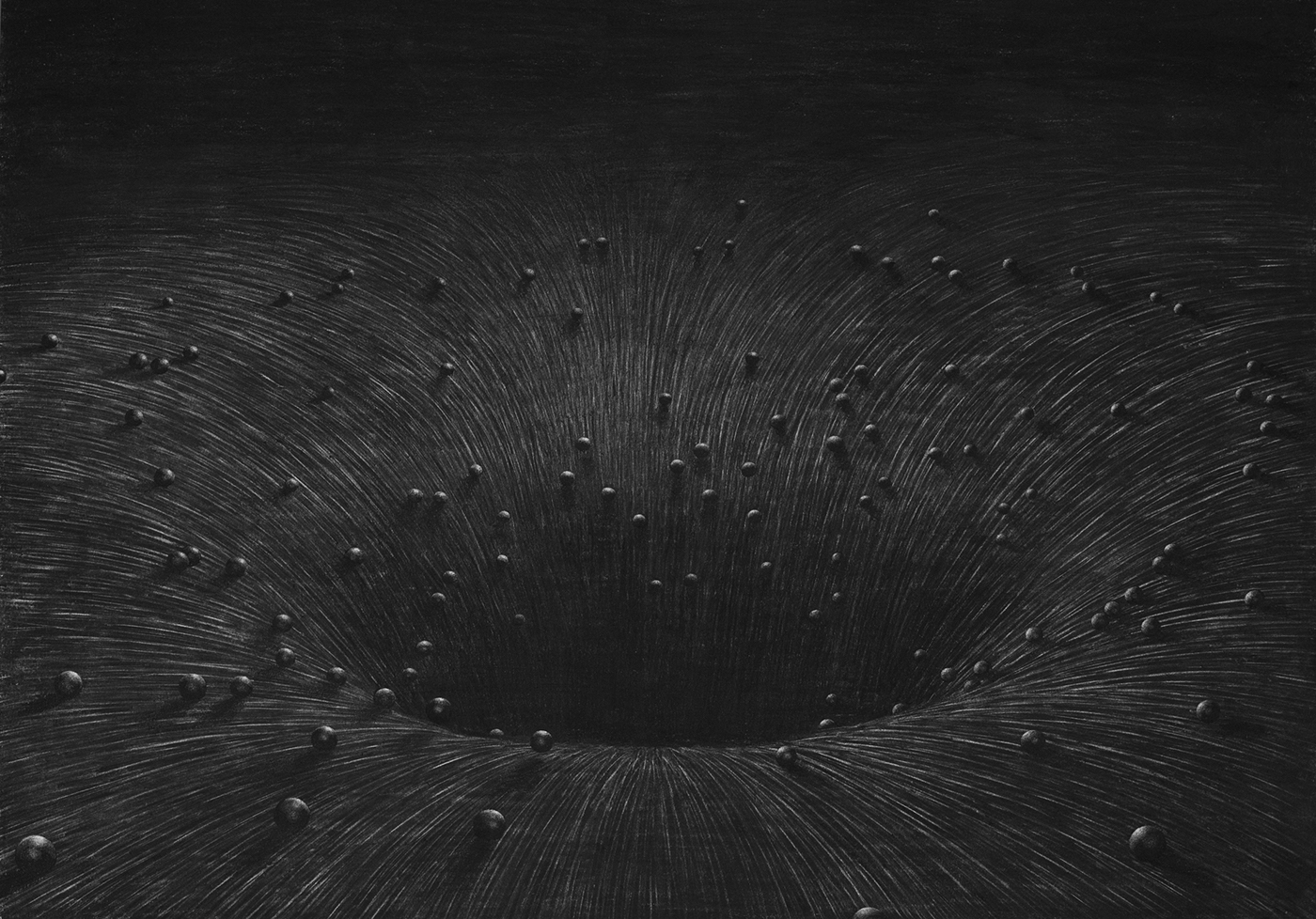 charcoal collapse black and white Levi van Veluw fotografie tekening the collapse of cohesion building water spheres cabinet