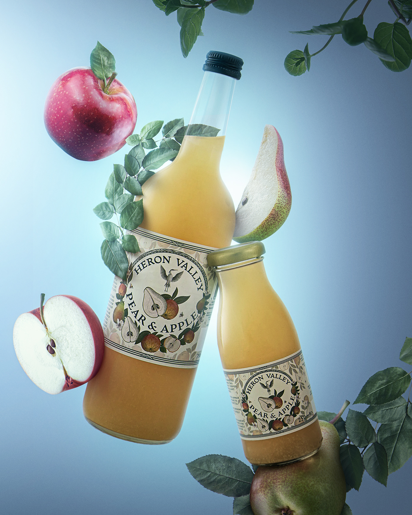 Juice pear and apple, heron valley juice, juice, heron valley, packshot, illustration, manipulation