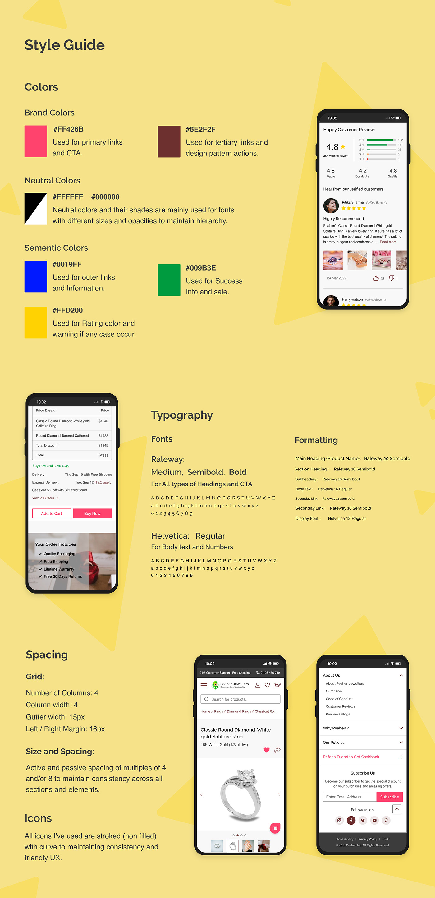 Style guide, colors & typography of Mobile web design of Product page for a jewelery ecommerce shop.