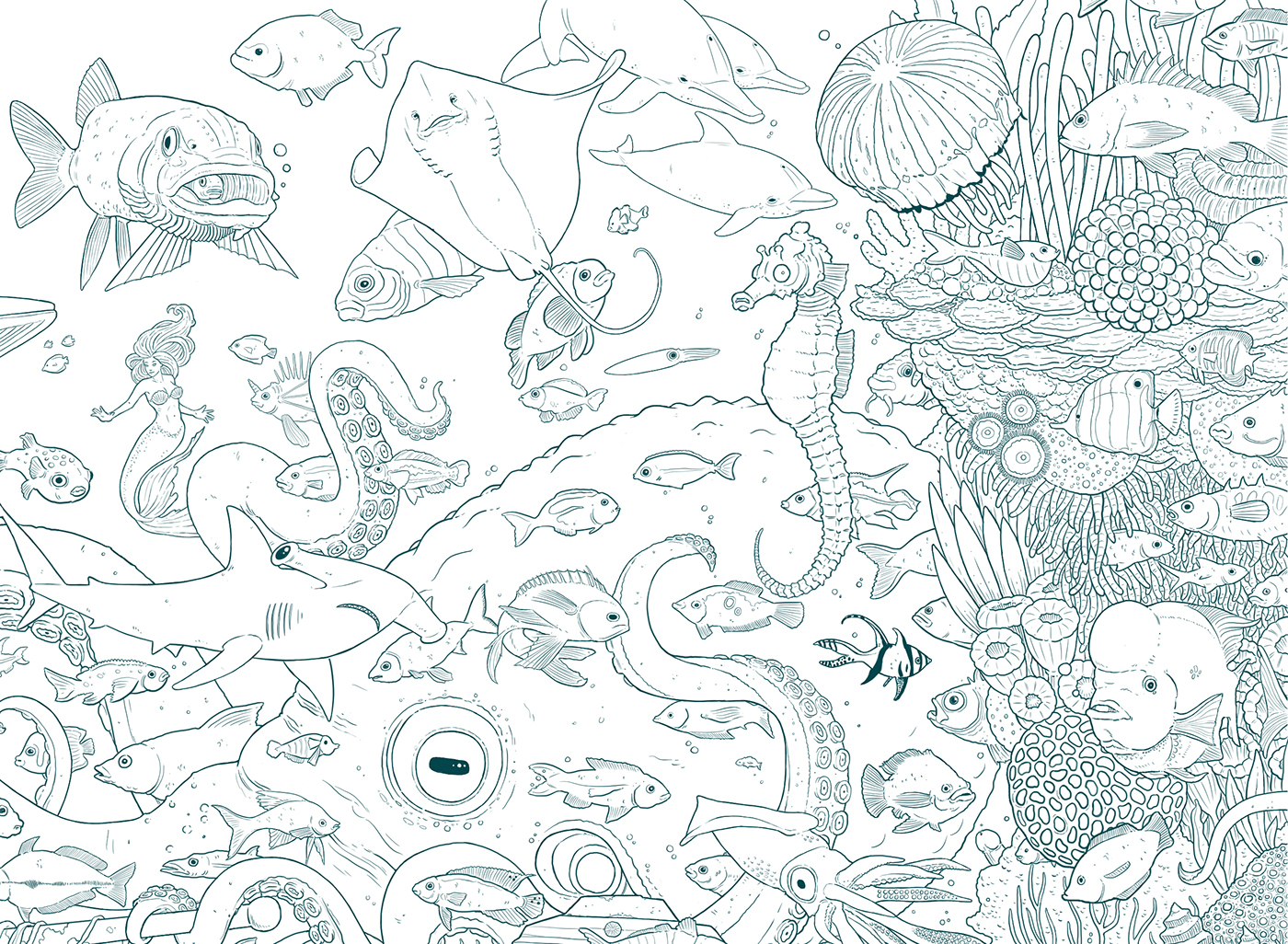 ILLUSTRATION  book COLOURING sea underwater linework octopus fish Ocean