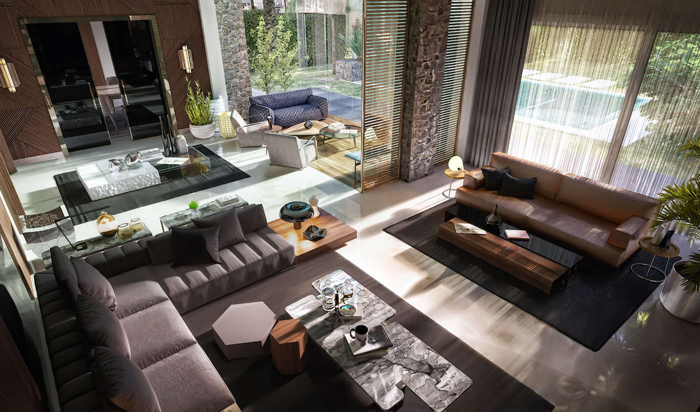 interior design  living room cozy wood Marble Minotti black architecture Landscape visiualization