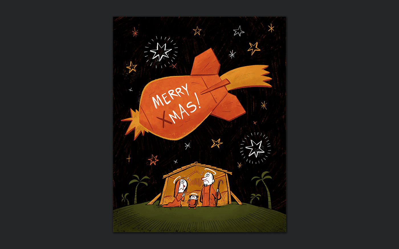 Editorial illustration for a christmas greeting card, with a political edge. Nativity scene