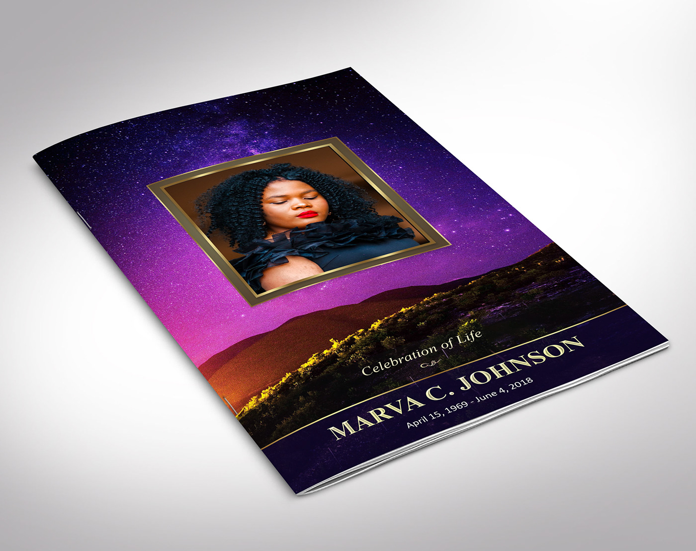 bi-fold brochure elegant eulogy booklet female funeral program obituary book printable sample purple gold royal mother vineyard theme