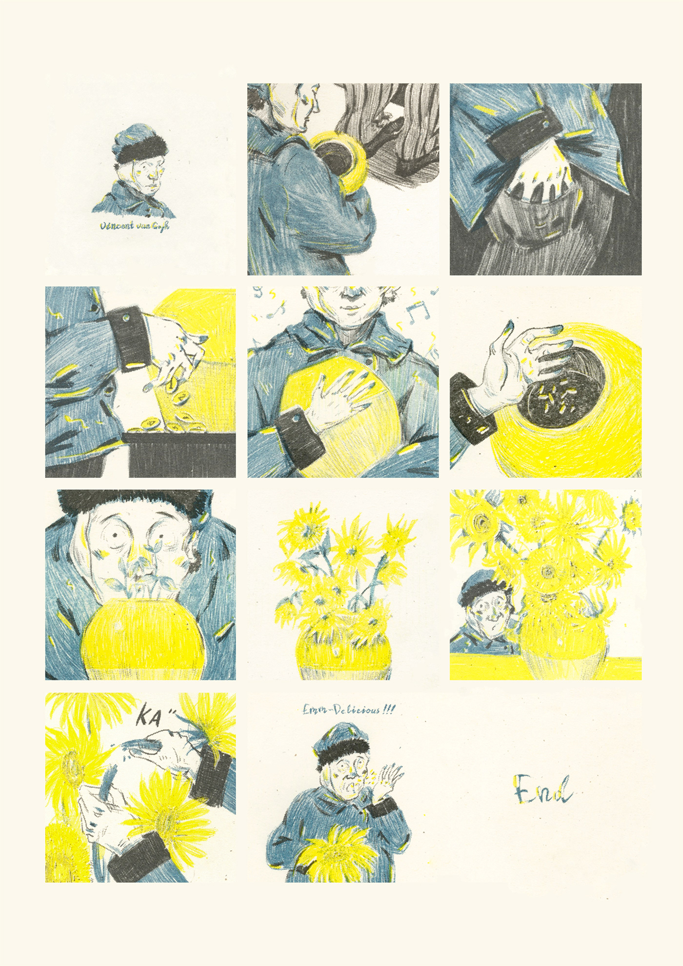Riso BOOKBINFDING ILLUSTRATION  Sunflowers vincent van gogh comic Zine  Riso Print