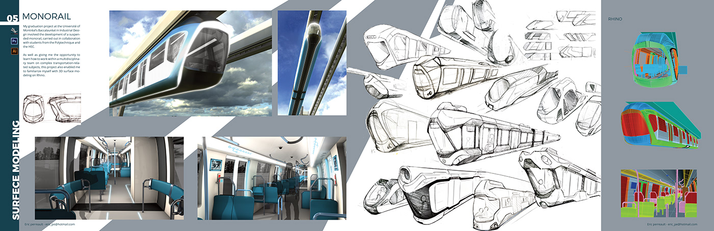 design industrial monorail Rhino 3D Transportation Design portfolio cinema 4d University of Montreal
