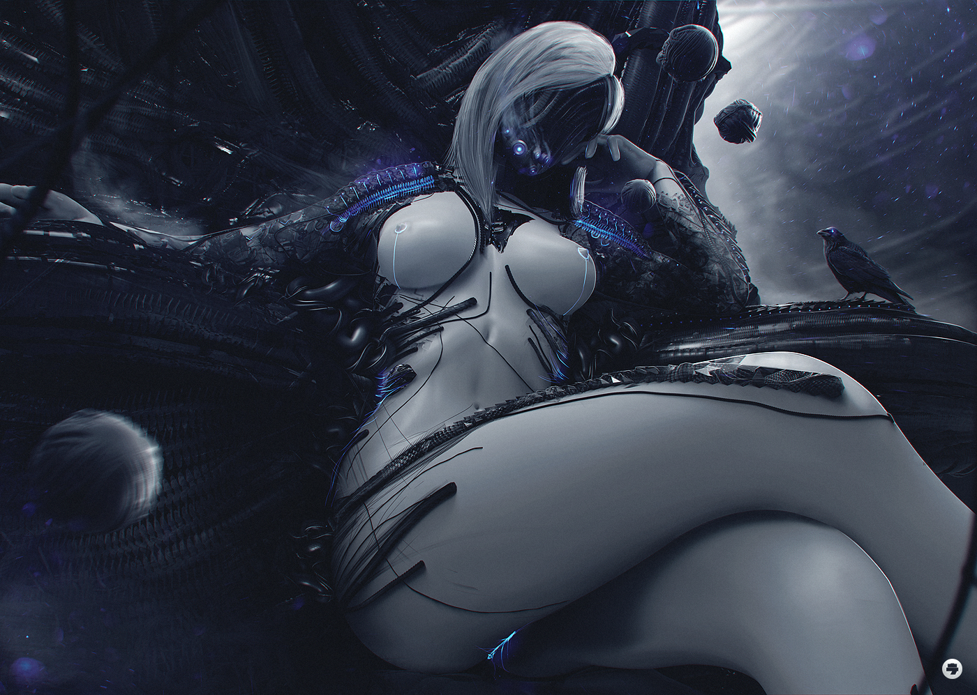 queen Sindra omegear Antoine Collignon artwork art dark blue Cyborg concept art concept Giger robot Cyberpunk