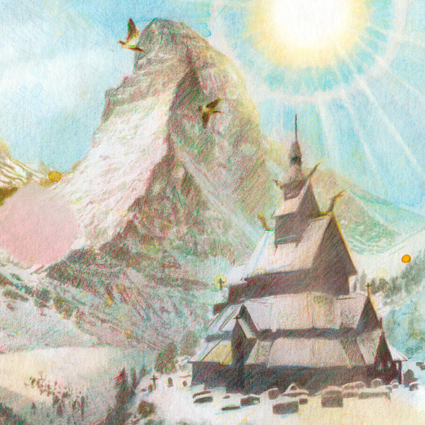 ILLUSTRATION  TRADITIONAL ART watercolor Drawing  merchandising T-Shirt Design Switzerland Landscape mountains Matterhorn